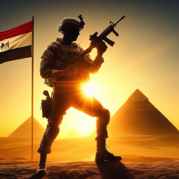 Egyptian Solider Silhouette Against the Sunrise Concept Armed forces of Egypt with Egypt Flag