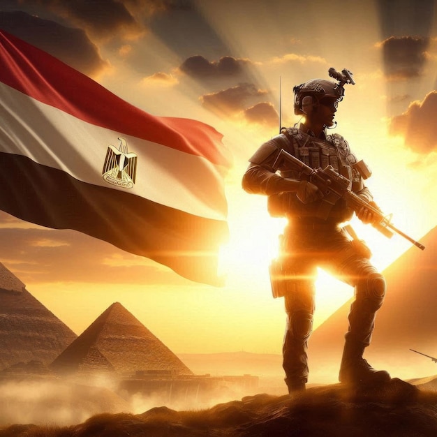 Photo egyptian solider silhouette against the sunrise concept armed forces of egypt with egypt flag