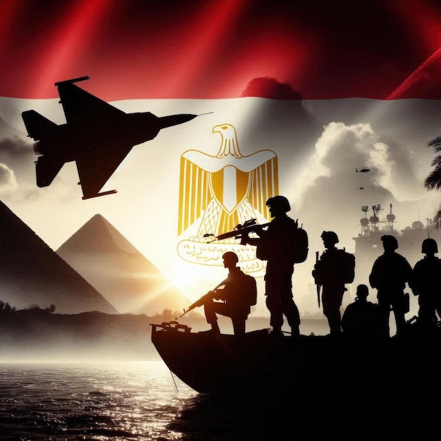 Photo egyptian solider silhouette against the sunrise concept armed forces of egypt with egypt flag