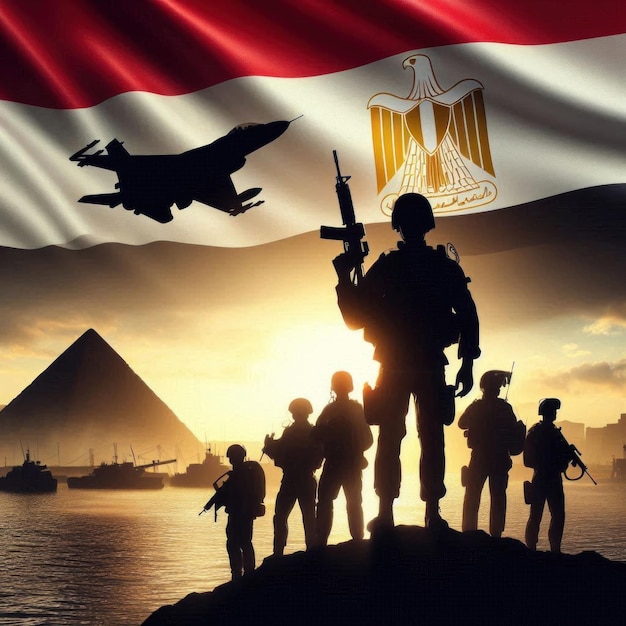 Photo egyptian solider silhouette against the sunrise concept armed forces of egypt with egypt flag