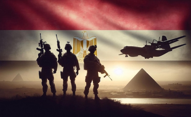 Photo egyptian solider silhouette against the sunrise concept armed forces of egypt with egypt flag