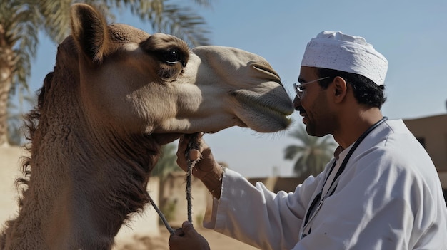 Photo egyptian veterinarian caring for a camel in a desert veterinary practice