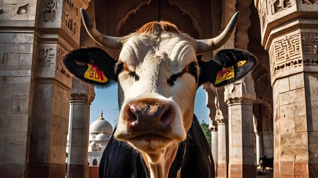 Photo eid adha mubarak animal cow and mosque beautiful islamic