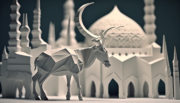 Eid adha mubarak animal goat and mosque 3d paper cut origami beautiful islamic background