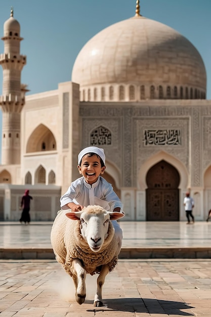 Eid al adha background from a boy is riding a running sheep with a mosque in the background