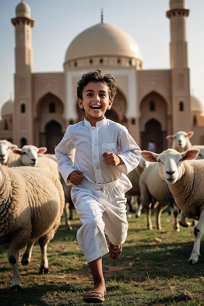 Eid al adha background from a cute smily boy playing with sheep and a mosque in the background