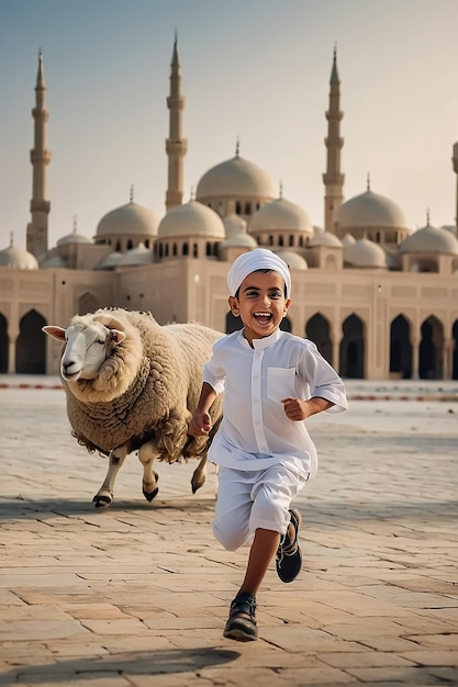 Eid al adha background from a cute smily boy playing with sheep and a mosque in the background