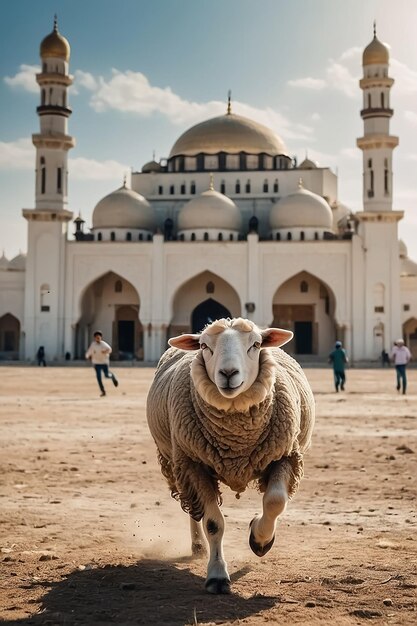 Eid al adha background from a running sheep with a mosque and pepole in the background