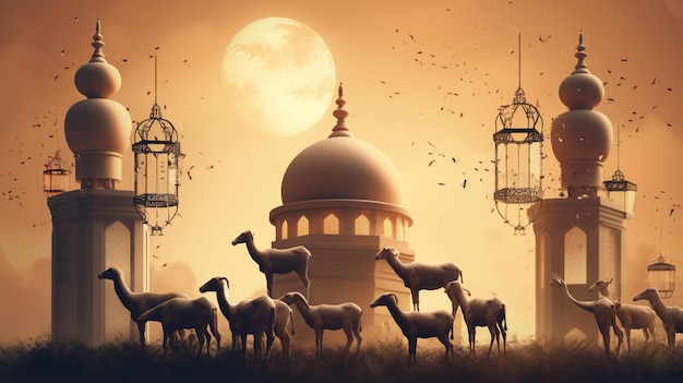 Eid al adha background sheep front of mosque generative ai