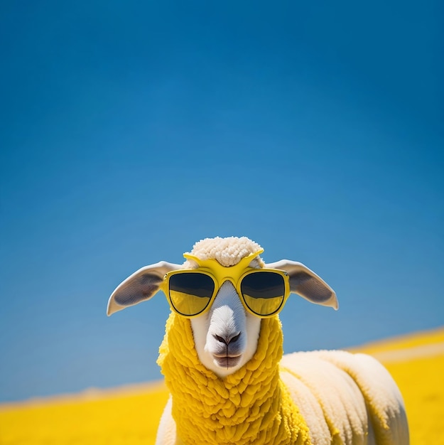 Eid al Adha banner or poster with sheep wearing glasses with sky background copy space Eid ul Adha