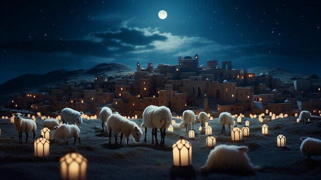 Photo eid al adha day white and black sheep sacrifice