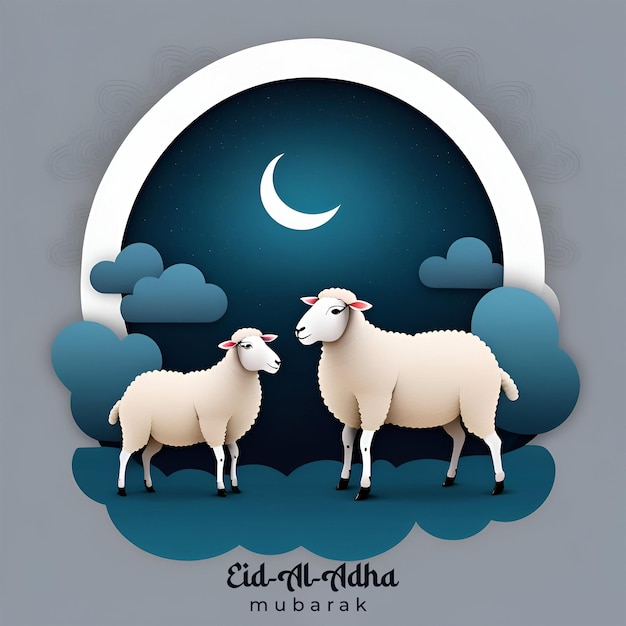 Eid Al Adha festivalSocial Media Post Greeting card with sacrificial sheepgoat and CamelEid Muba