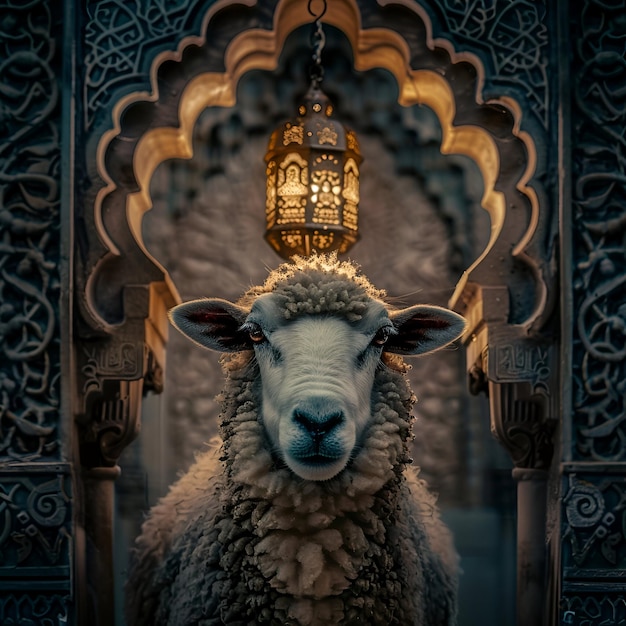 Eid al Adha greeting background with sheep and islamic lantern background Happy eid al adha greeting