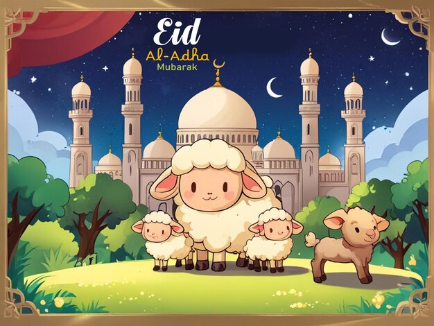 Eid Al Adha greeting Card illustration sheep children and mosque Eid Al Adha social media post