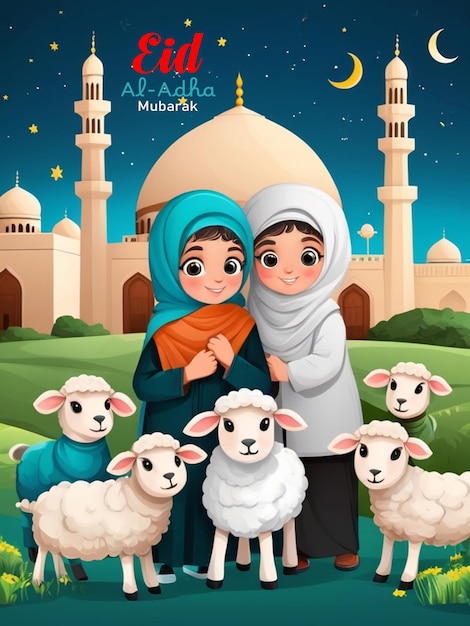 Eid Al Adha greeting Card illustration sheep children and mosque Eid Al Adha social media post