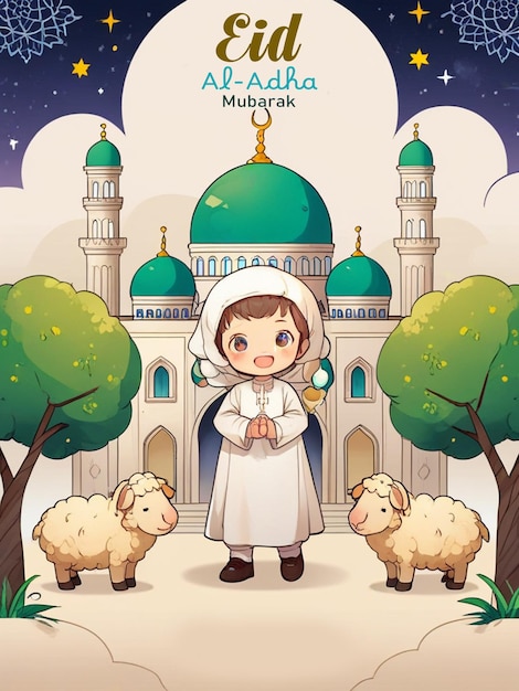 Eid Al Adha greeting Card illustration sheep children and mosque Eid Al Adha social media post