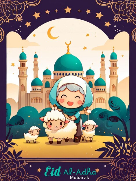 Eid Al Adha greeting Card illustration sheep children and mosque Eid Al Adha social media post