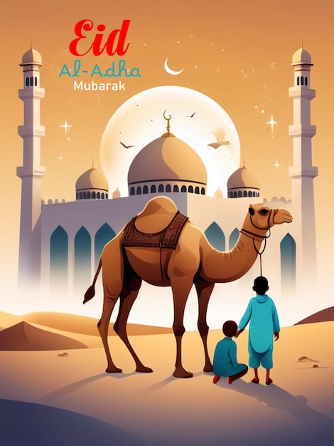 Eid Al Adha greeting Card illustration sheep children and mosque Eid Al Adha social media post