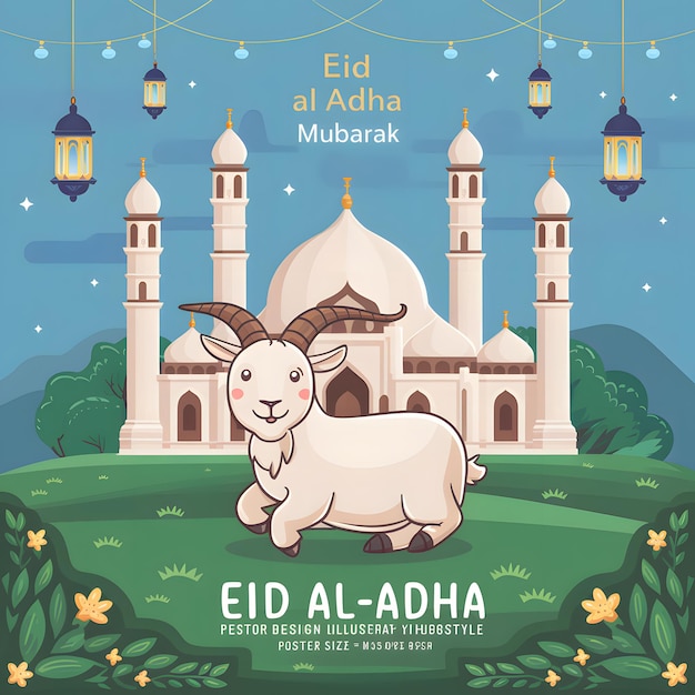 Eid Al Adha greeting card with mosque and bull