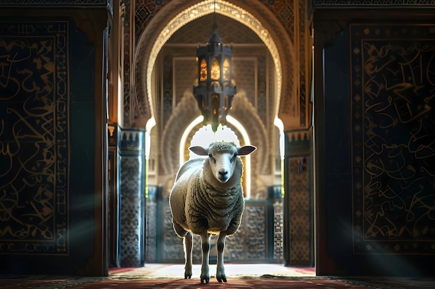 Eid Al Adha greeting Card with sheep and islamic lantern background Eid Al Adha social media post