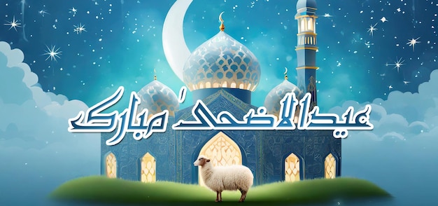 Eid Al Adha Greeting with Mosque and sheep