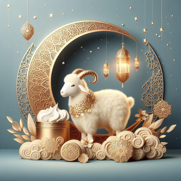 eid al adha holiday poster with arabic crescent sheep ramadan kareem maulid iftar isra miraj ei