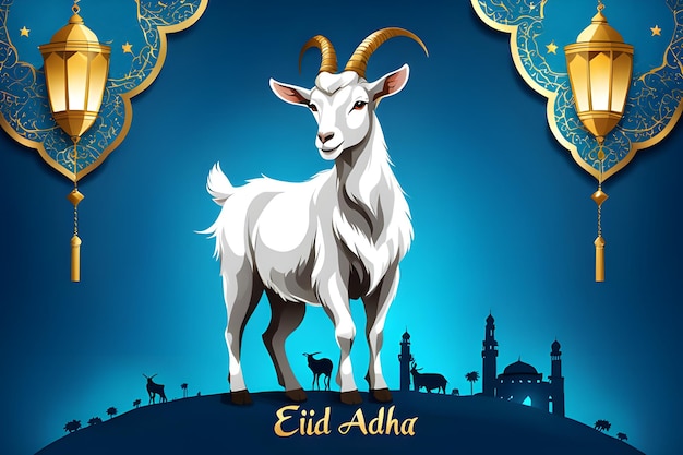 Photo eid al adha islamic festival wishes with goat background design