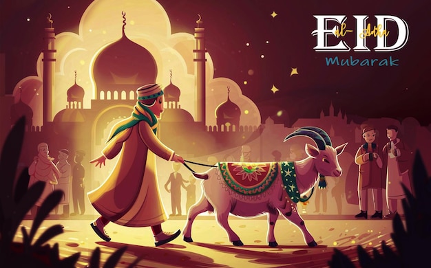 Eid al adha mubarak Arabic man with a goat creative vector illustration design