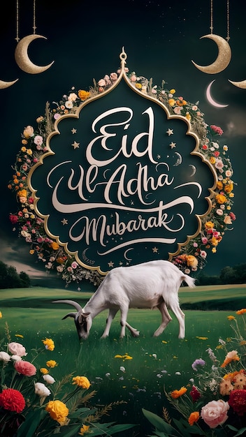 Eid Al Adha mubarak card with cute hand drawn sheep