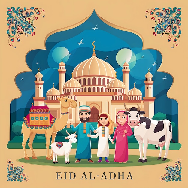 Eid Al Adha mubarak card with moon on elegant satin background