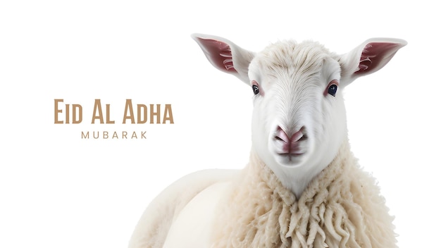 eid al adha mubarak greeting islamic with a cute sheep in white background