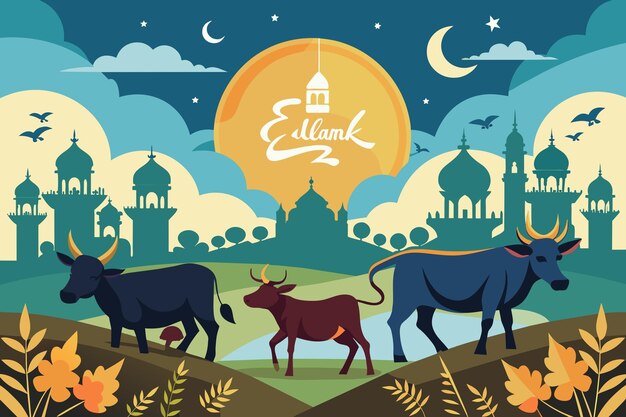 Eid Al Adha Mubarak Template Mosque With Cow illustration Camel Bull and Goat Lamb Eid Al Adha