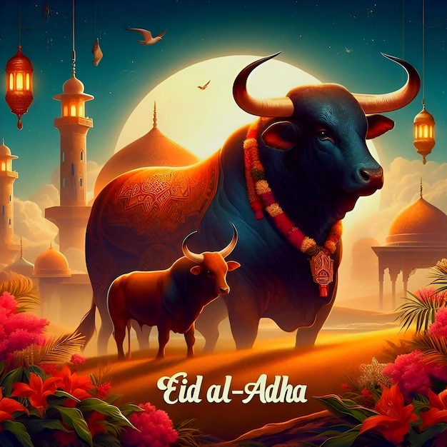 Eid al adha poster banner with bull and mosque background