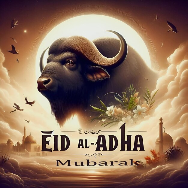 Eid al adha poster banner with bull and mosque background