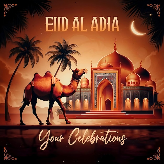 Eid al adha poster banner with camel and mosque background