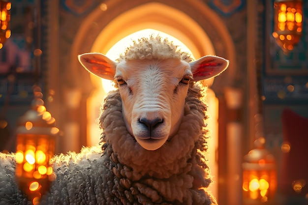 Eid al Adha sacrifice social media post background with sheep and islamic lights