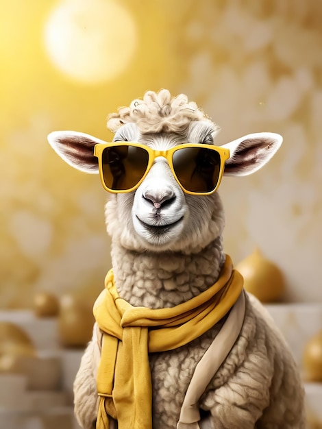 An eid al adha stylish sheep wearing aclothes and a sunglasses standing on yellow marble background