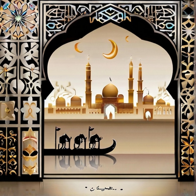 Eid al fitr 3D lantern and mosque with 3d moon with night beautiful Eid Mubarak Background