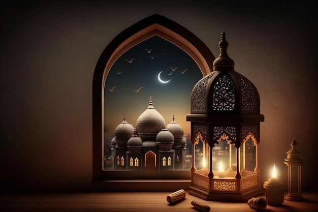 Eid al fitr background of window with mosque Ramadan kareem eid mubarak islamic lantern on a table