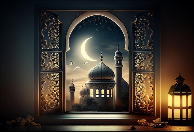 Eid al fitr background of window with mosque Ramadan kareem eid mubarak islamic lantern on a table