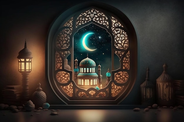 Eid al fitr background of window with mosque Ramadan kareem eid mubarak islamic lantern on a table