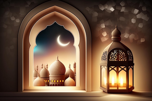 Eid al fitr background of window with mosque Ramadan kareem eid mubarak islamic lantern on a table