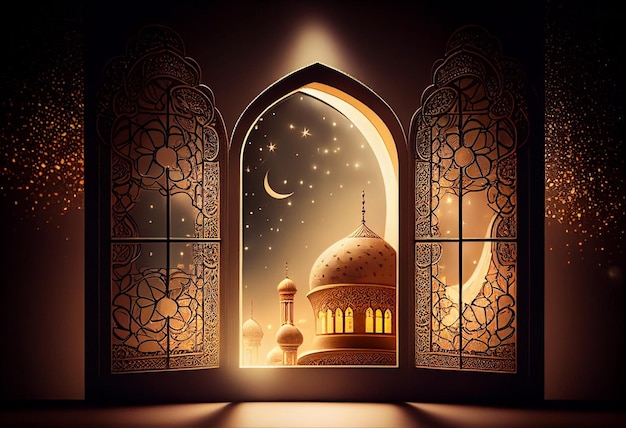 Eid al fitr background of window with mosque Ramadan kareem eid mubarak islamic lantern on a table