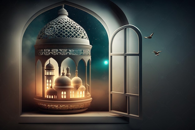 Eid al fitr background of window with mosque Ramadan kareem eid mubarak islamic lantern on a table