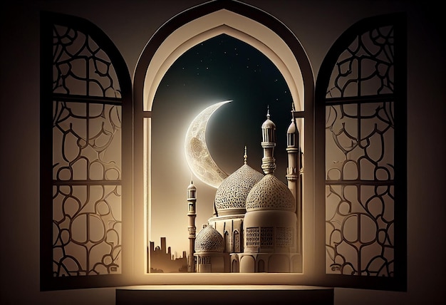 Eid al fitr background of window with mosque Ramadan kareem eid mubarak islamic lantern on a table