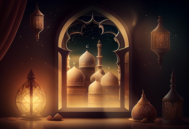 Eid al fitr background of window with mosque Ramadan kareem eid mubarak islamic lantern on a table