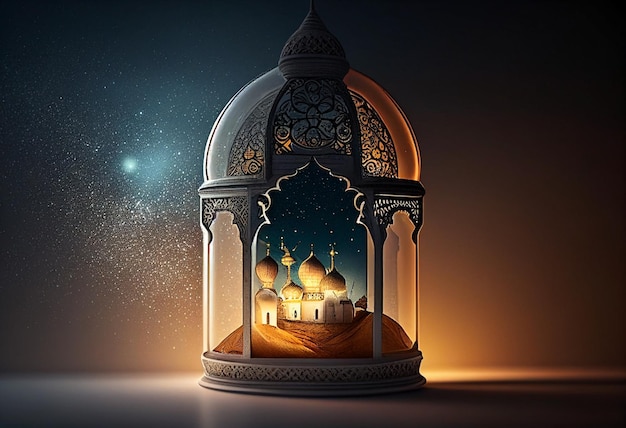 Eid al fitr background of window with mosque Ramadan kareem eid mubarak islamic lantern on a table