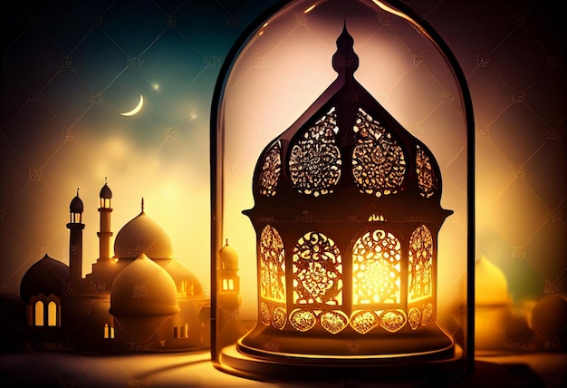 Eid al fitr background of window with mosque Ramadan kareem eid mubarak islamic lantern on a table