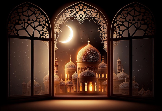 Eid al fitr background of window with mosque Ramadan kareem eid mubarak islamic lantern on a table