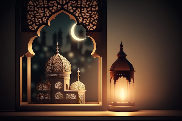 Eid al fitr background of window with mosque Ramadan kareem eid mubarak islamic lantern on a table